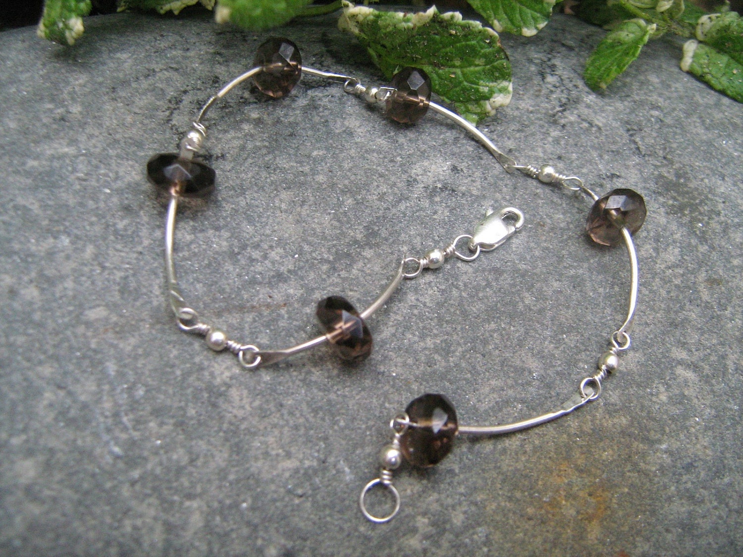 Sterling bracelet, sliding beads with smokey quartz