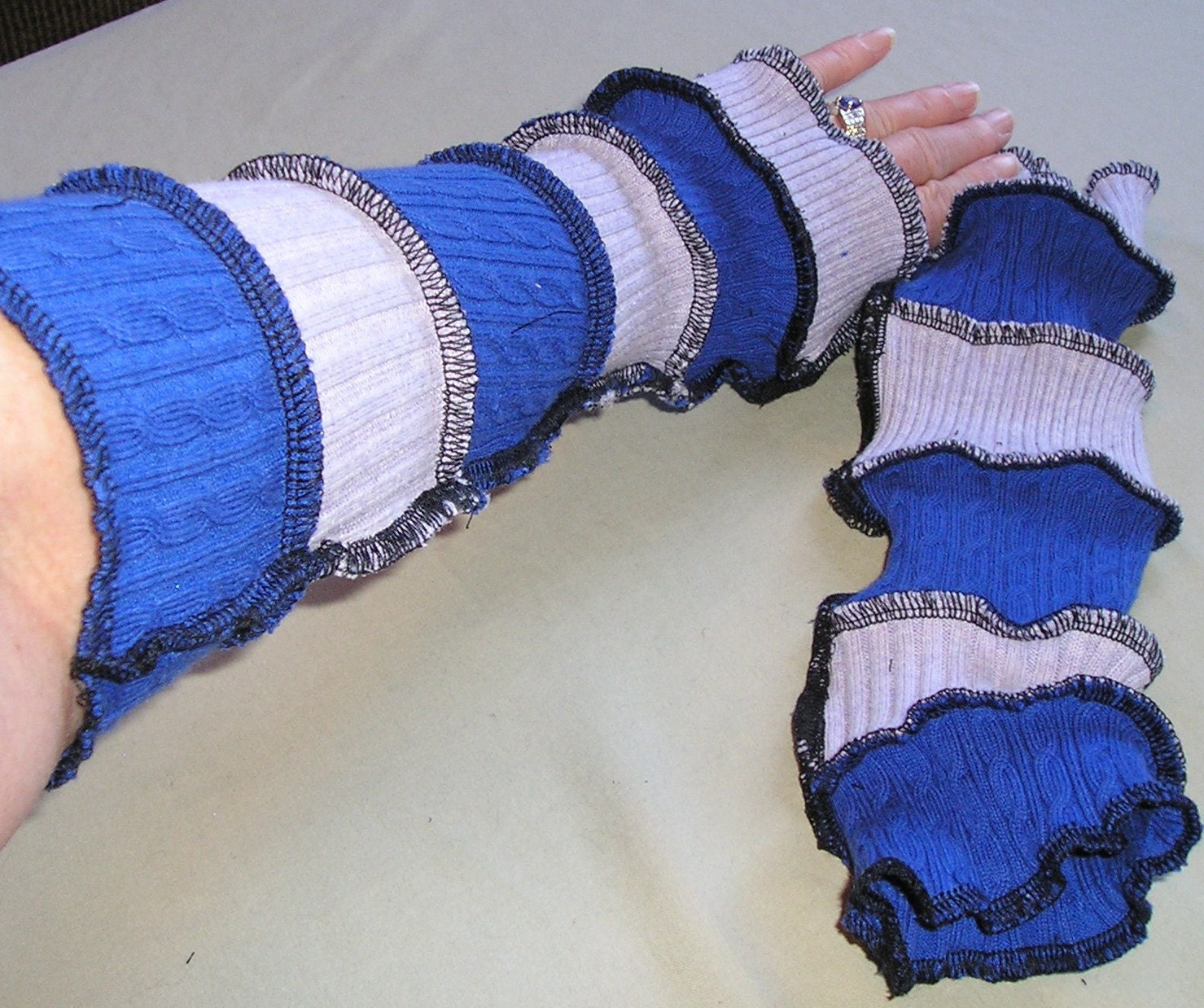 Arm Warmers, Fingerless Gloves, Texting Gloves, Blue and Lavender, made with recycled sweaters by VintageDesignByVines