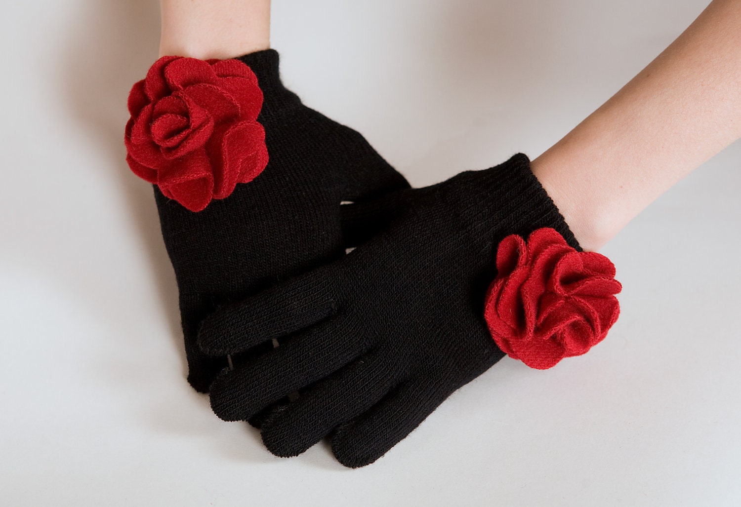 Red Rose Flower Gloves - Valentine's Day - Hand-Sewn Wool Flowers on Black Knit Gloves (Roses)