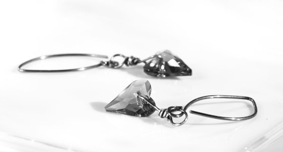 Heart Earrings Swarovski Crystal Pendant Necklace In Oxidized Sterling Silver,Valentine's Day, Free Gift Wrap