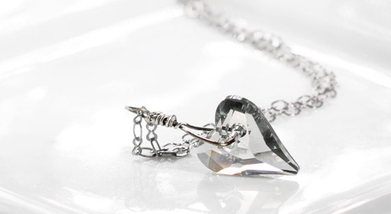 Heart Necklace Swarovski Crystal Pendant Necklace In Oxidized Sterling Silver,Valentine's Day, Free Gift Wrap