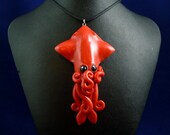Crimson Squid Necklace - Polymer Clay Cephalopod Jewelry