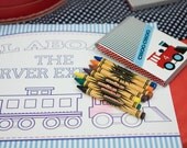 CHOO CHOO TRAIN Birthday Party - Aqua Red Navy - Crayon Box and Coloring Page - Customized Printable Designs