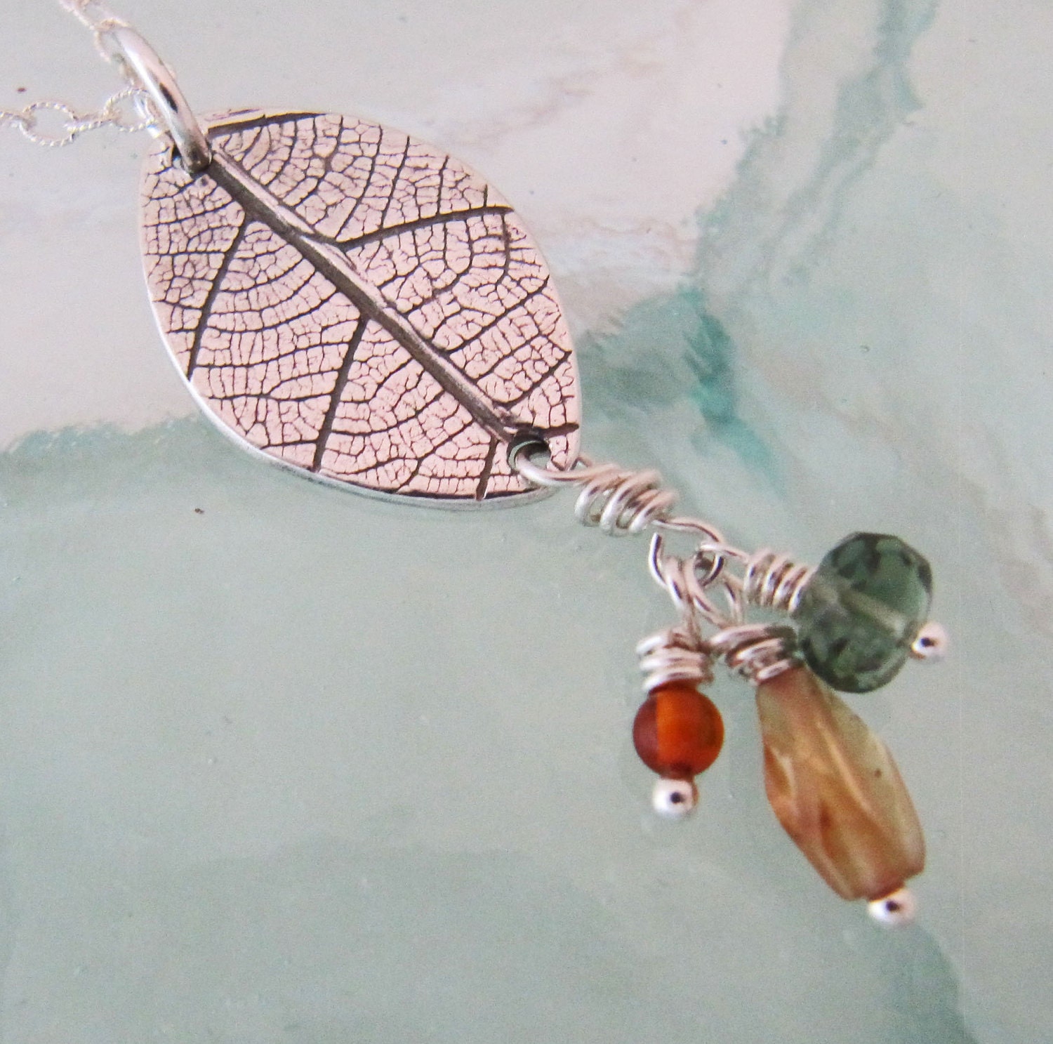 Silver Leaf Necklace with Amber, Apatite, and Tourmaline