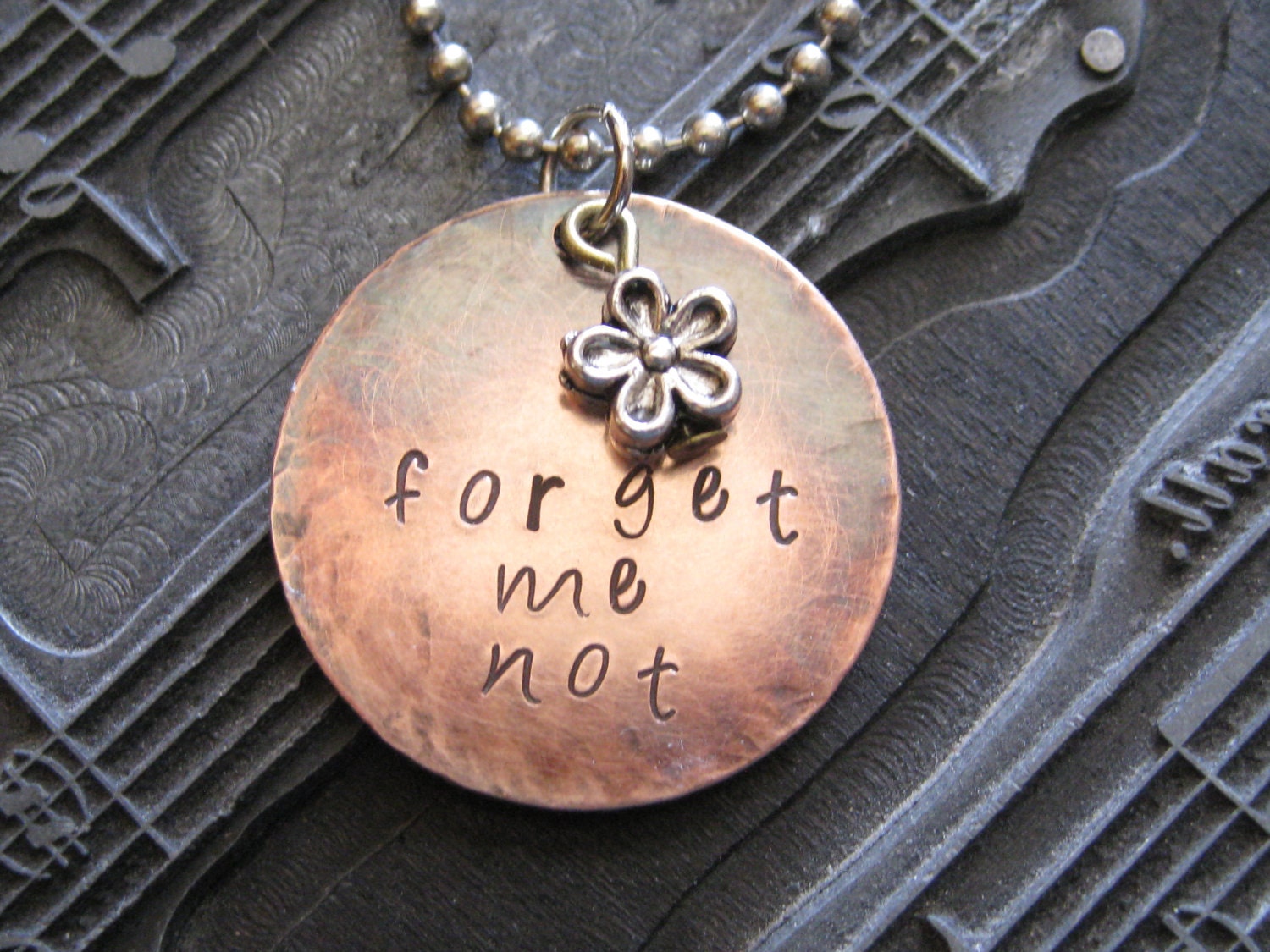 Copper Handstamped Metal forget me not pendant