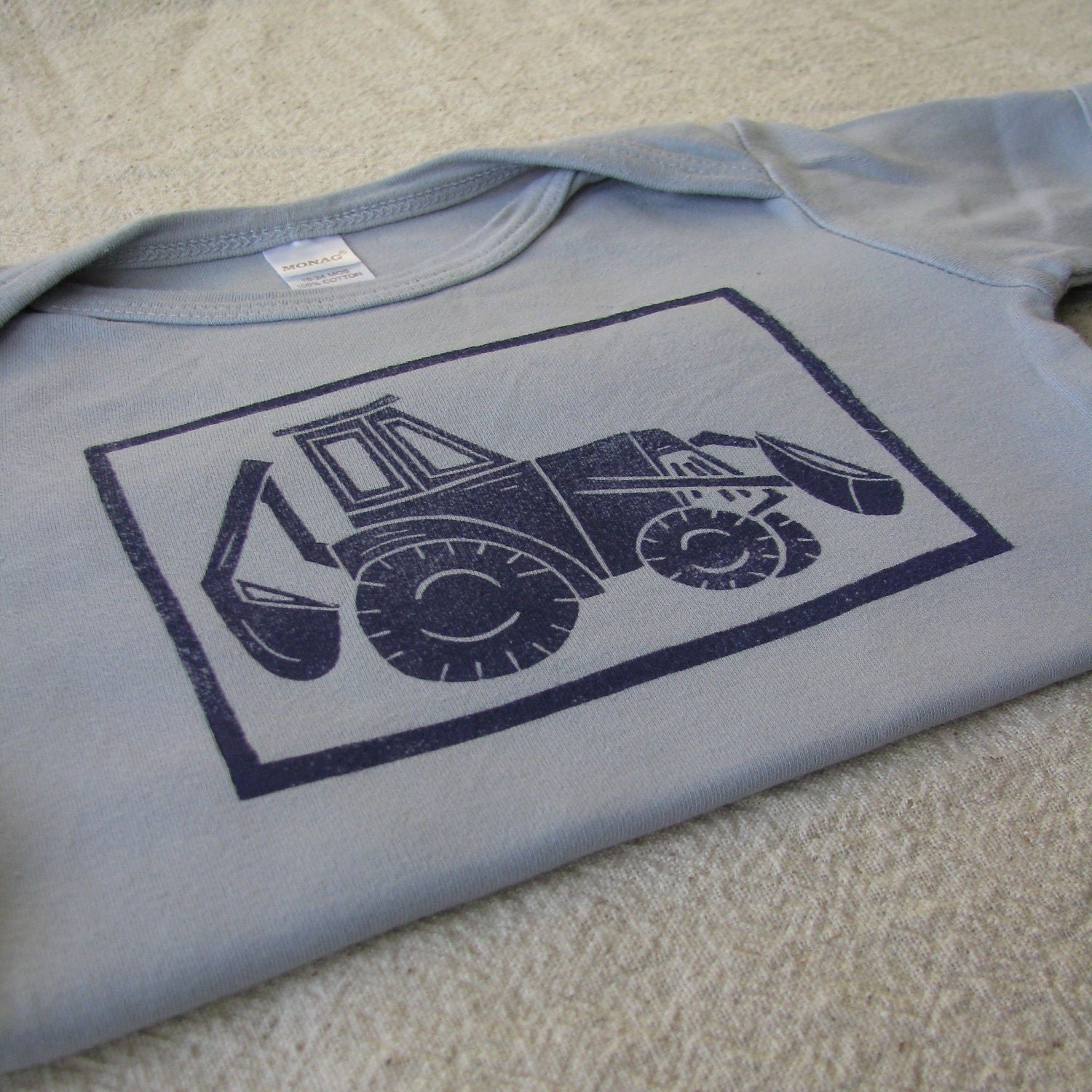 Short Sleeve Backhoe Loader Lino Cut Shirt, Hand-Dyed, Hand-Printed, 18-24 Month Size
