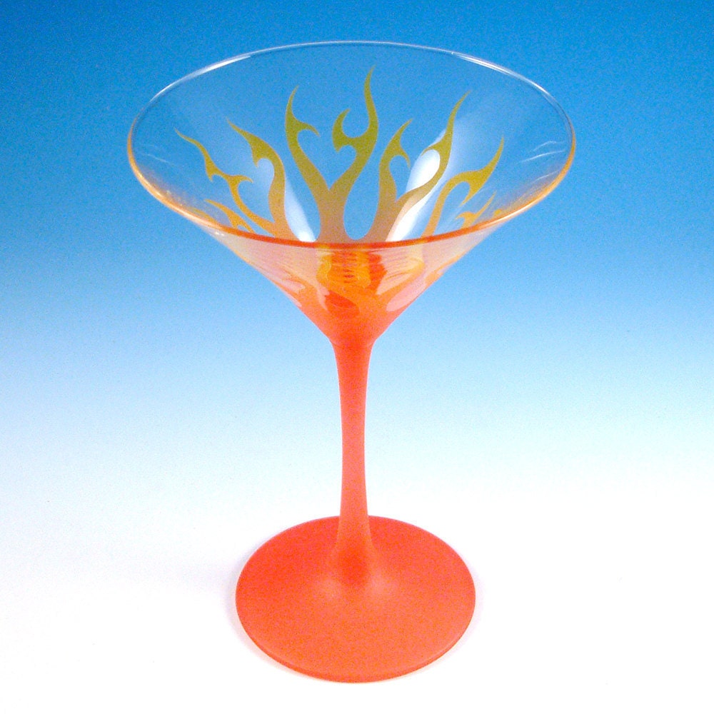 Etched Martini Glass - Tribal Flames - Custom Painted -  Yellow and Orange