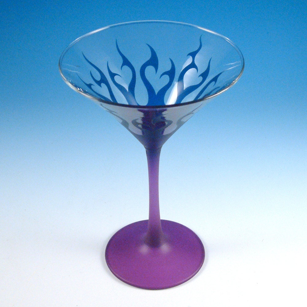 Etched Martini Glass - Tribal Flames - Custom Painted -  Blue and Purple