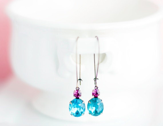 Swarovski Aquamarine Crystal Earrings,Vintage,Pink Crystals,Valentines,Free Gift Wrap