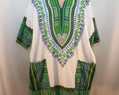 Vintage Dashiki Shirt - Size XL to  Large -  NOS - White with blue green black print -  Mint condition - unisex shirt