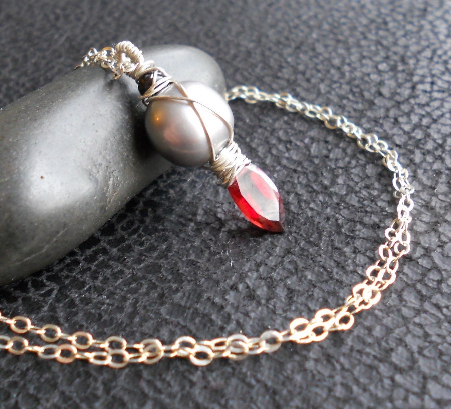 Garnet, Gray Freshwater Pearl and Black Spinel Wire Wrapped Pendant on Sterling Silver Necklace
