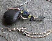 Artisan Lampwork Glass, Peridot, Sapphire, Labradorite and Freshwater Pearl Pendant on Sterling Silver Necklace