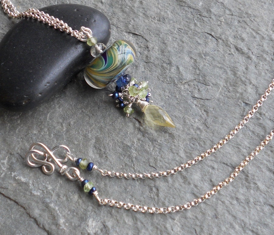 Artisan Lampwork Glass, Lemon Quartz, Peridot, Kyanite and Freshwater Pearl Pendant on Sterling Silver Necklace
