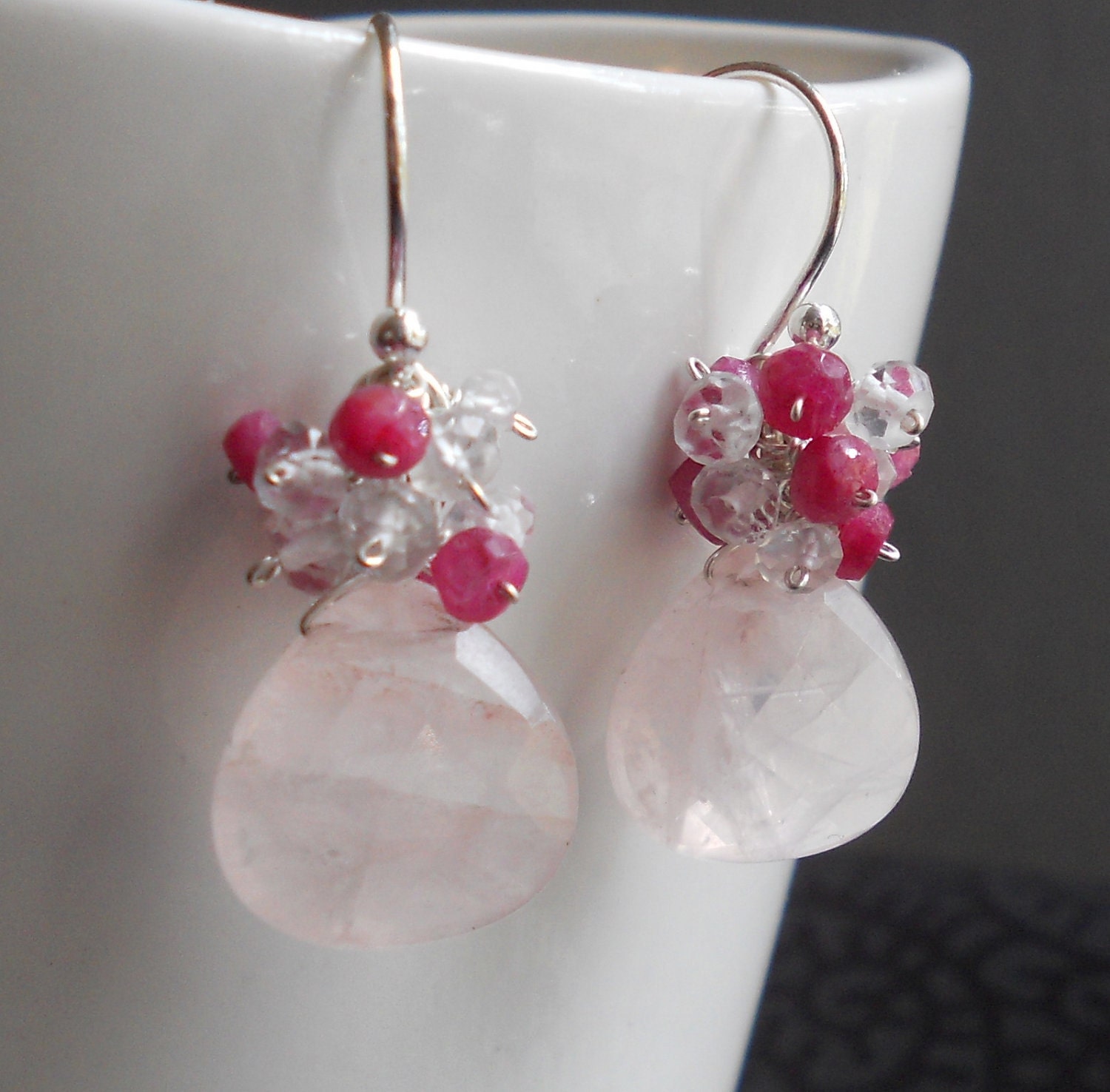 A Heart Overflowing - Rose Quartz, Ruby and White Topaz Gemstone Cluster Earrings Sterling Silver Valentine's Day July Birthstone