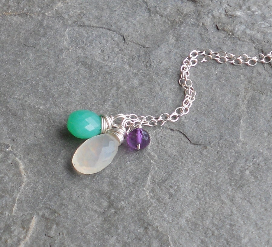 Renewal - Opal, Chrysoprase and Amethyst Sterling Silver Wire Wrapped Gemstone Charm Necklace