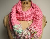 Bohemian knit loop infinity scarf. Pink. Green.