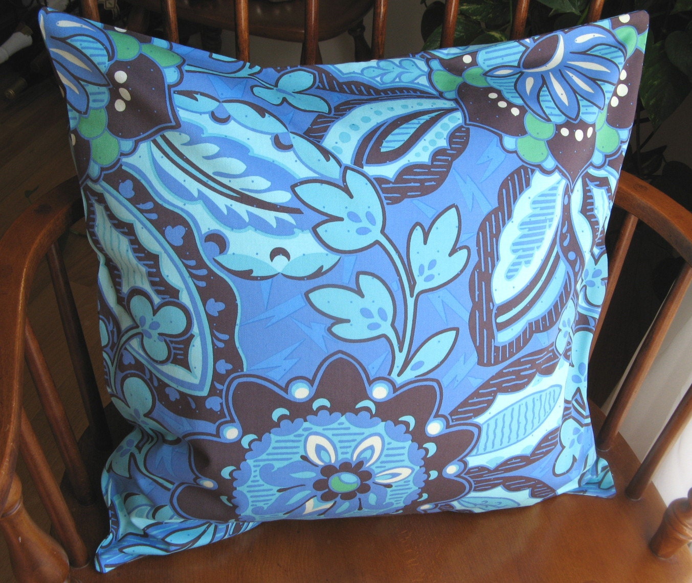 Pillow Cover Slipcover Floral Blue Aqua Teal Brown Washable 18 Inch