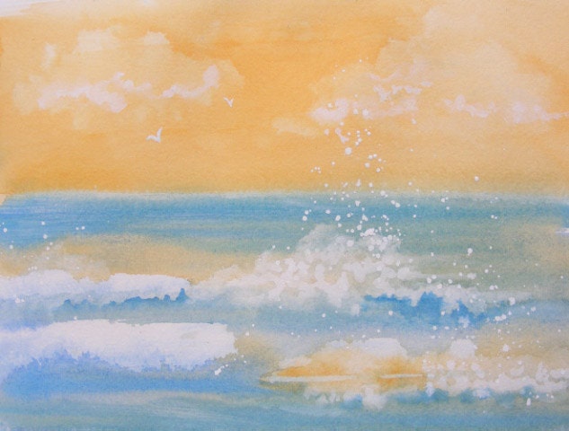 Sky Aglow-Original Watercolor of Waves on the Beach