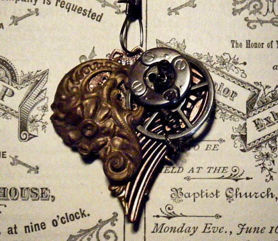 LOVE SOARS - Steampunk Victorian Valentine Heart Necklace - Assemblage Wing, Button, Wheel, Vintage Copper Finding - OOAK