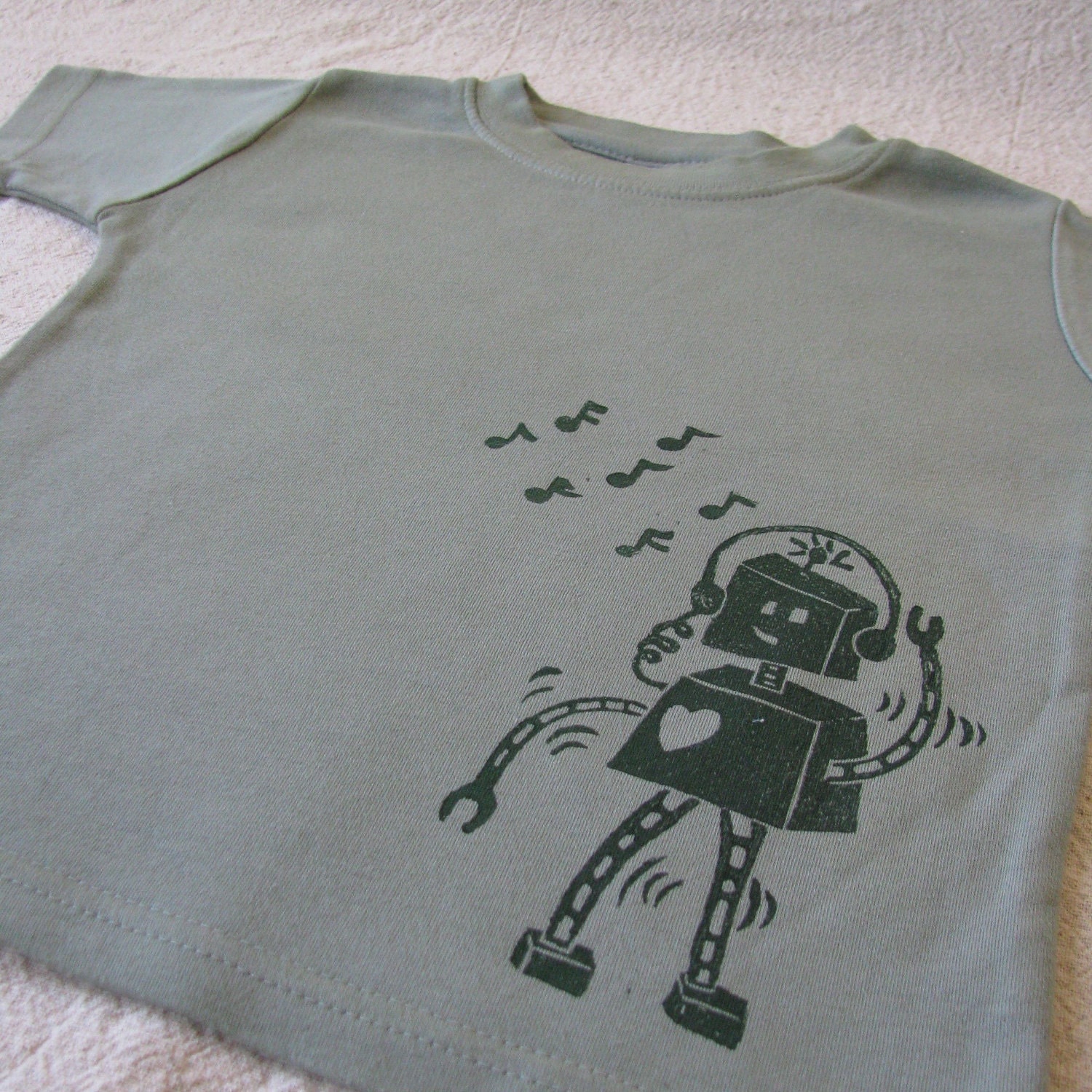 Short Sleeve Lino cut Robot T-Shirt, Handdyed, Block Printed, 2T Size