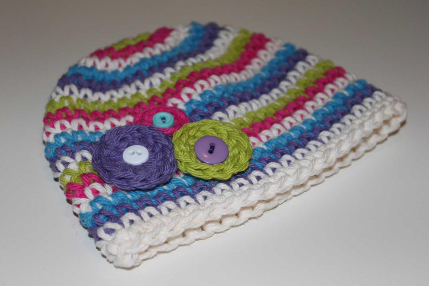 Crochet Striped Cotton Bianie Hat for Baby Girl Photo Prop - size Newborn / 0 - 3 mo  - Made to Order