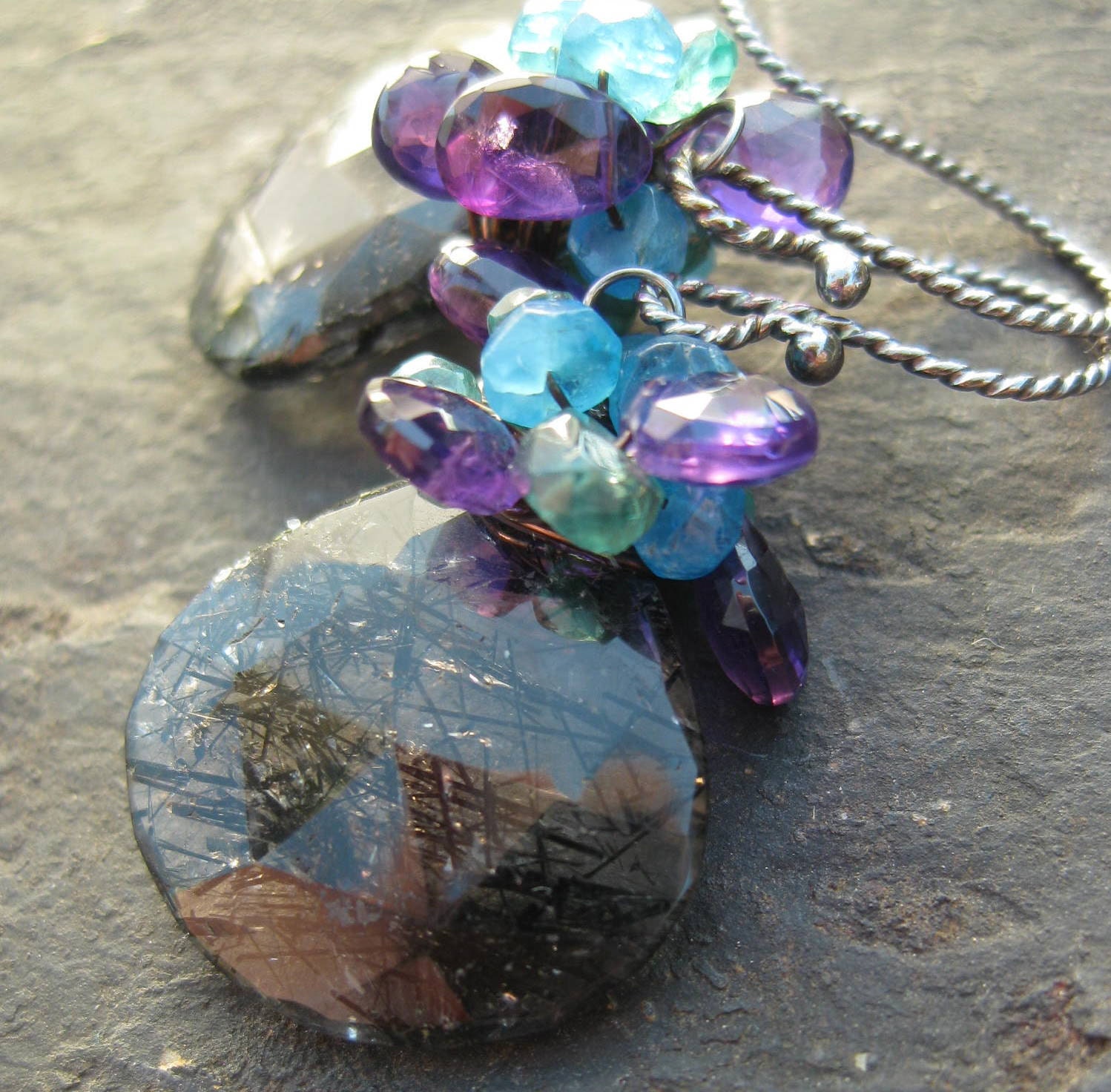 Rutilated quartz earrings, apatite amethyst earrings --Bimini--