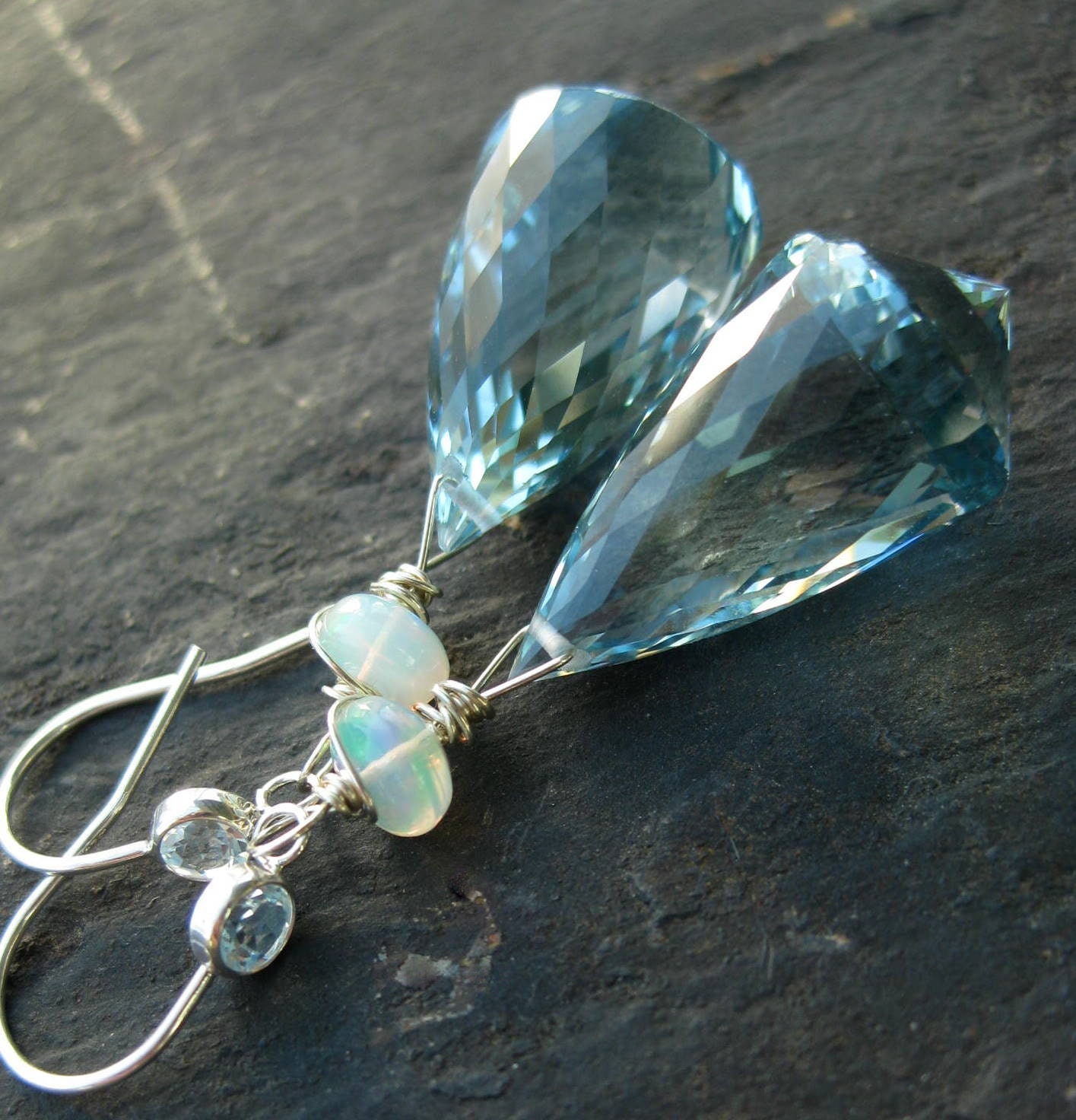 Aquamarine quartz earrings with opal --Catalina--
