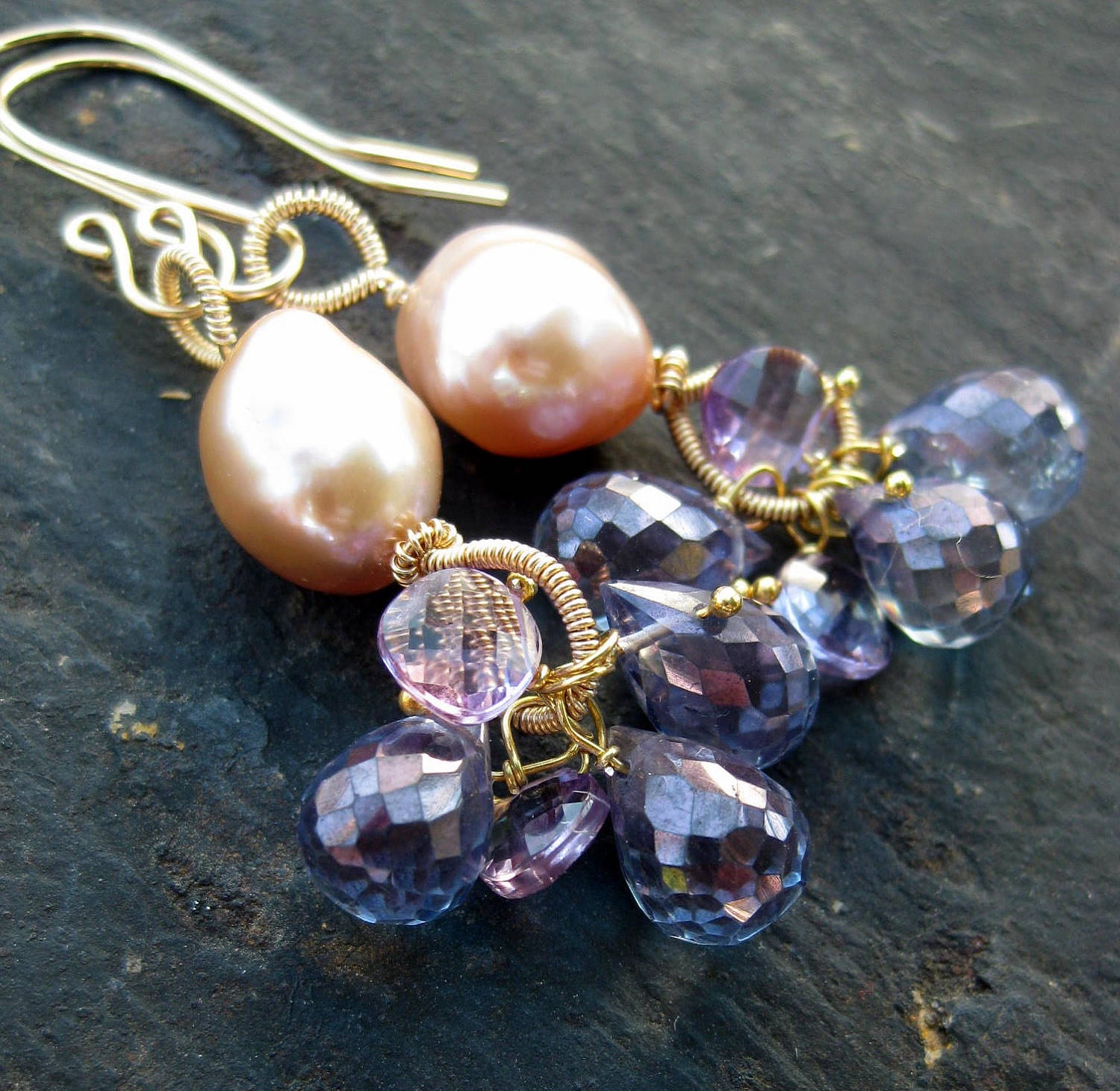 Amethyst, iolite, pearl earrings in gold --Kaiulani--
