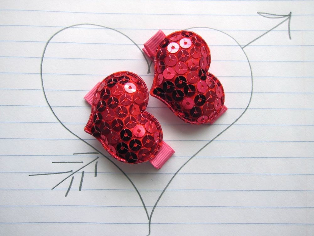 Secret Crush - Sequin Heart Hair Clippies . Hair Clips . Girls . Valentine . Pink . Hot Pink . Red . Love . Sweetheart