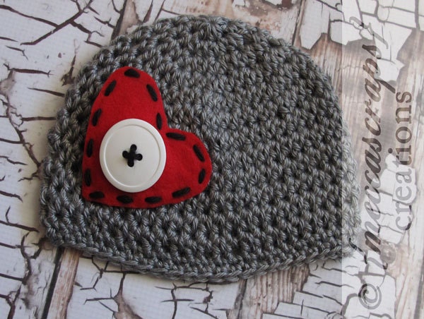 Valentine Unisex Grey Beanie with Red Felt Heart and White Button/Black Stitch/ 12mos-5T Hat/Ready To Ship