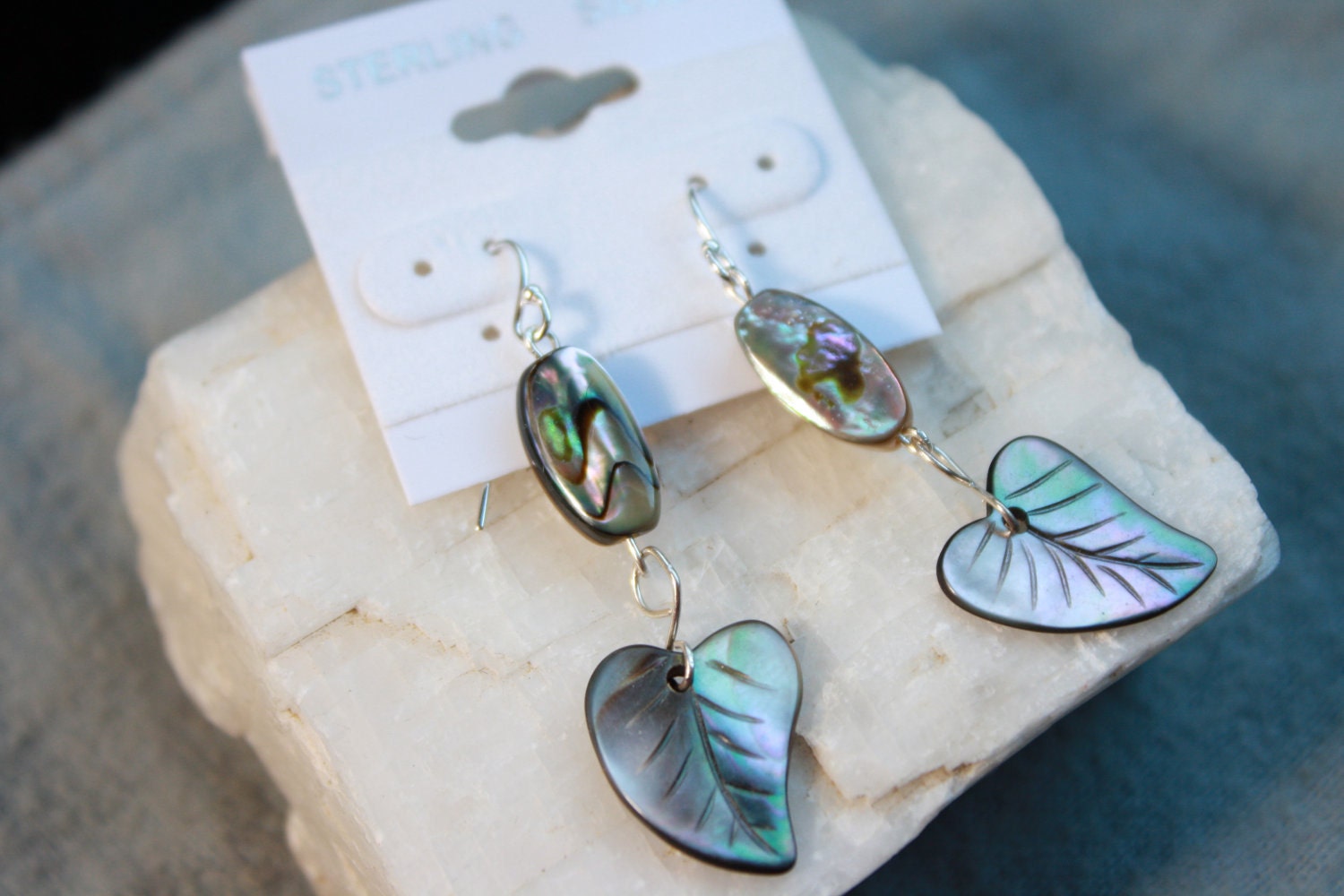 Sterling Silver French Wire and Wrap with Abalone Feather Leaf Carved Earrings Natural Ocean Shell