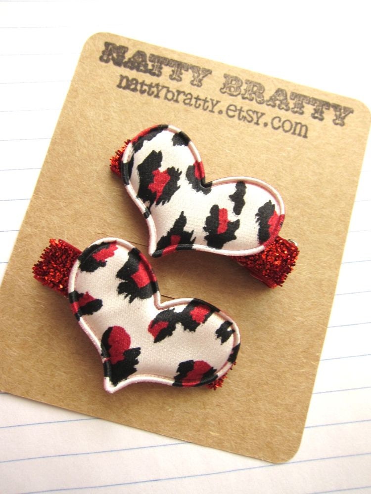 Wild at Heart Hair Clips - Girls . Valentine's . Red . Scarlet . Leopard . Love . Sweetheart . Glitter Ribbon