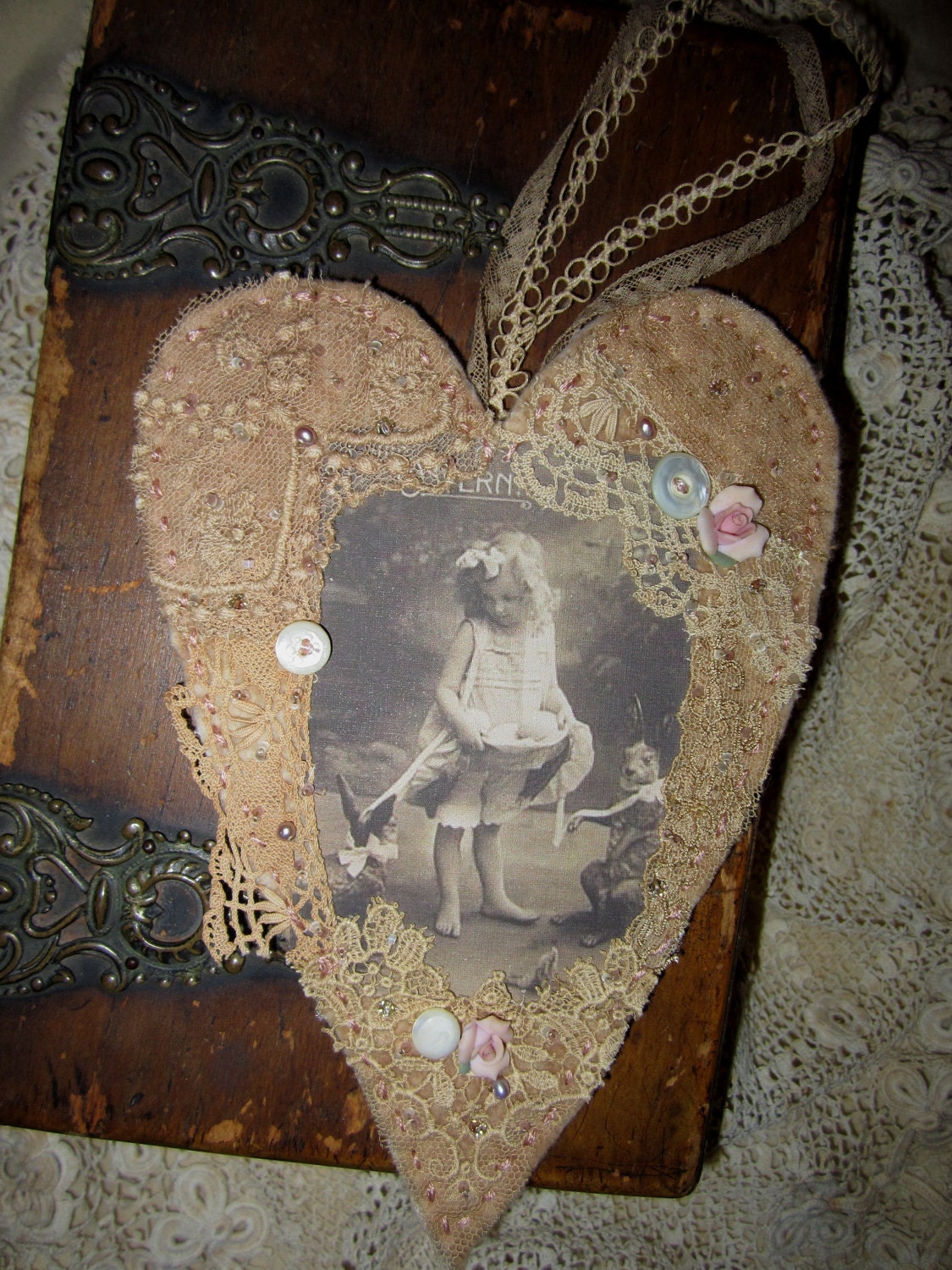Vintage Image Sweet Easter Girl with Bunnies Lace Collage Heart Ornament