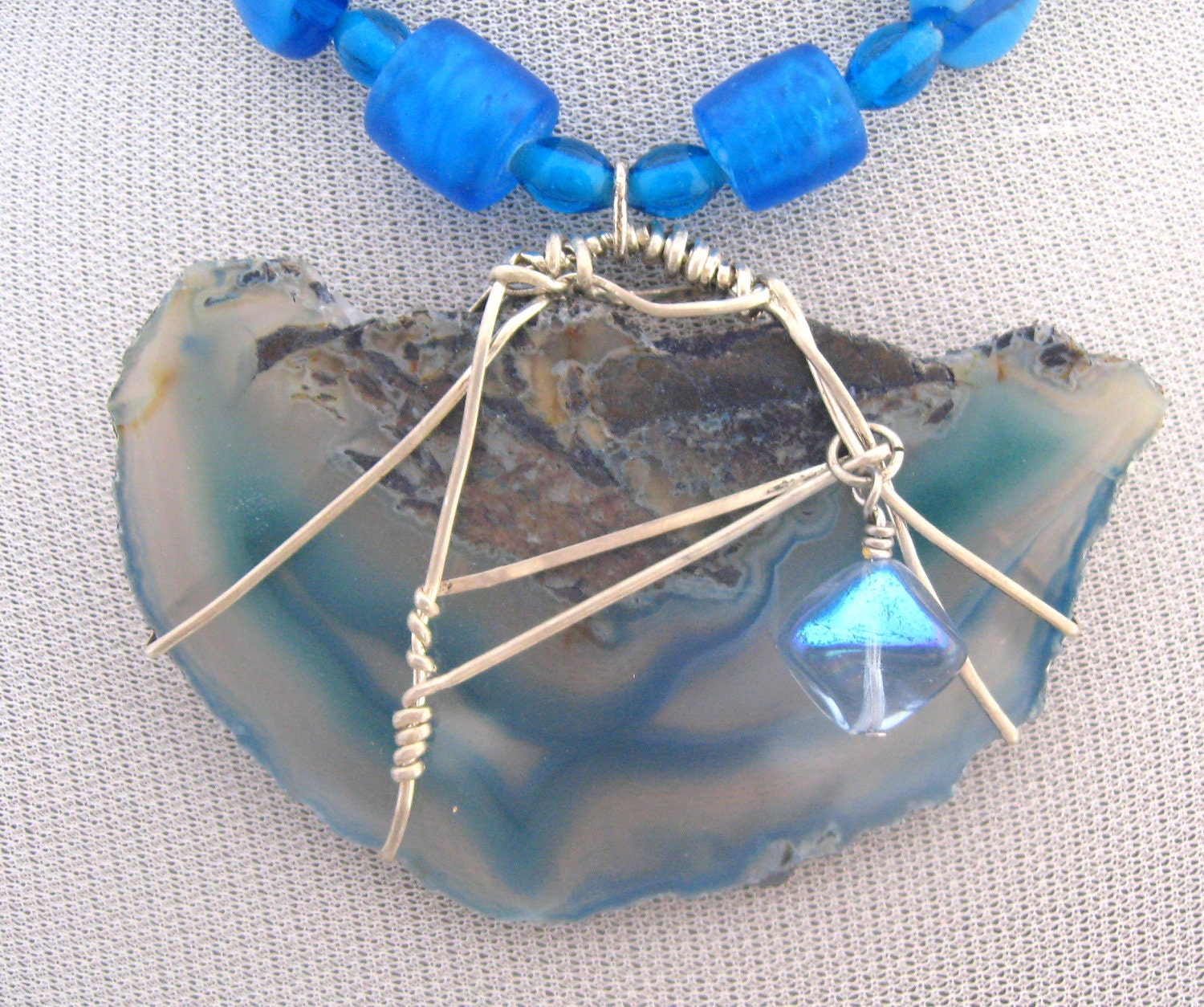 Blue Quartz Sterling Wrapped Pendant Necklace