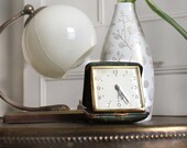 Vintage French Travel Alarm Clock. Green Leather Case. With Inscription