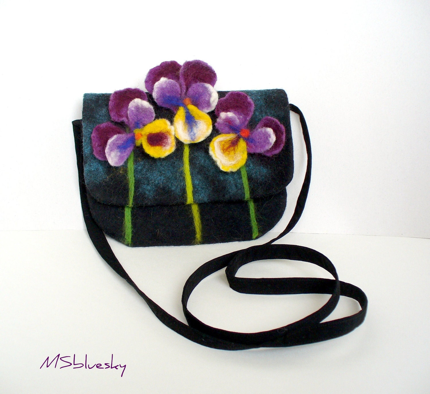 Wet Felted Pansy FLOWER  Clutch Purse  violets, handmade, OOAK,  Ready to Ship