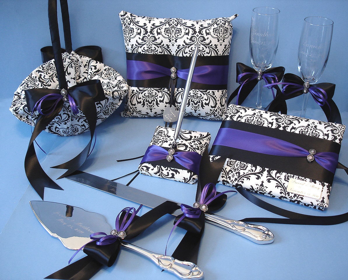 Damask Wedding Accessories, Ring Pillow, Flower Girl Basket, Guest Book, Pen, Flutes, Serving Set with Swarovski Crystals and Engraving