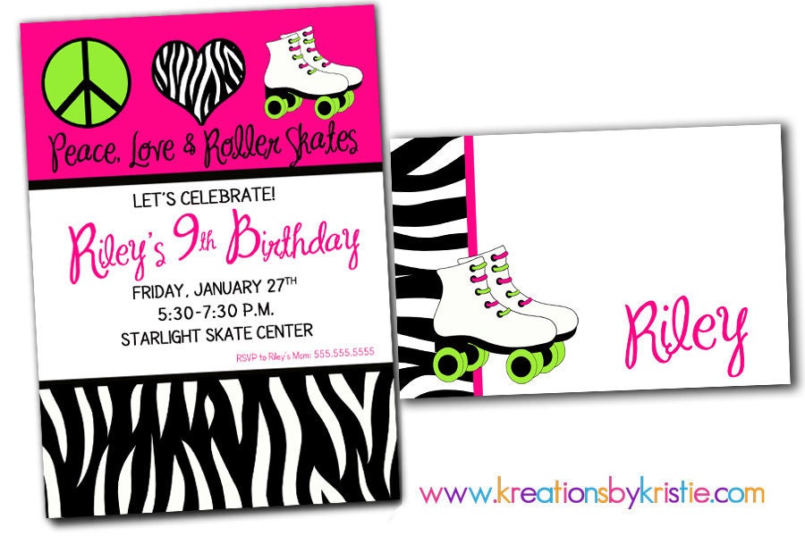 Peace Love ROLLER SKATING Printable Birthday Party Invitation & thank you note