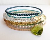 Bangle Style Beaded Wrap Cuff Bracelet with Swarovski Crystal Heart and Gold Dragonfly Charm