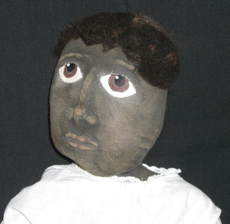 Primitive  Handmade Black Doll  Wearing Vintage Dress