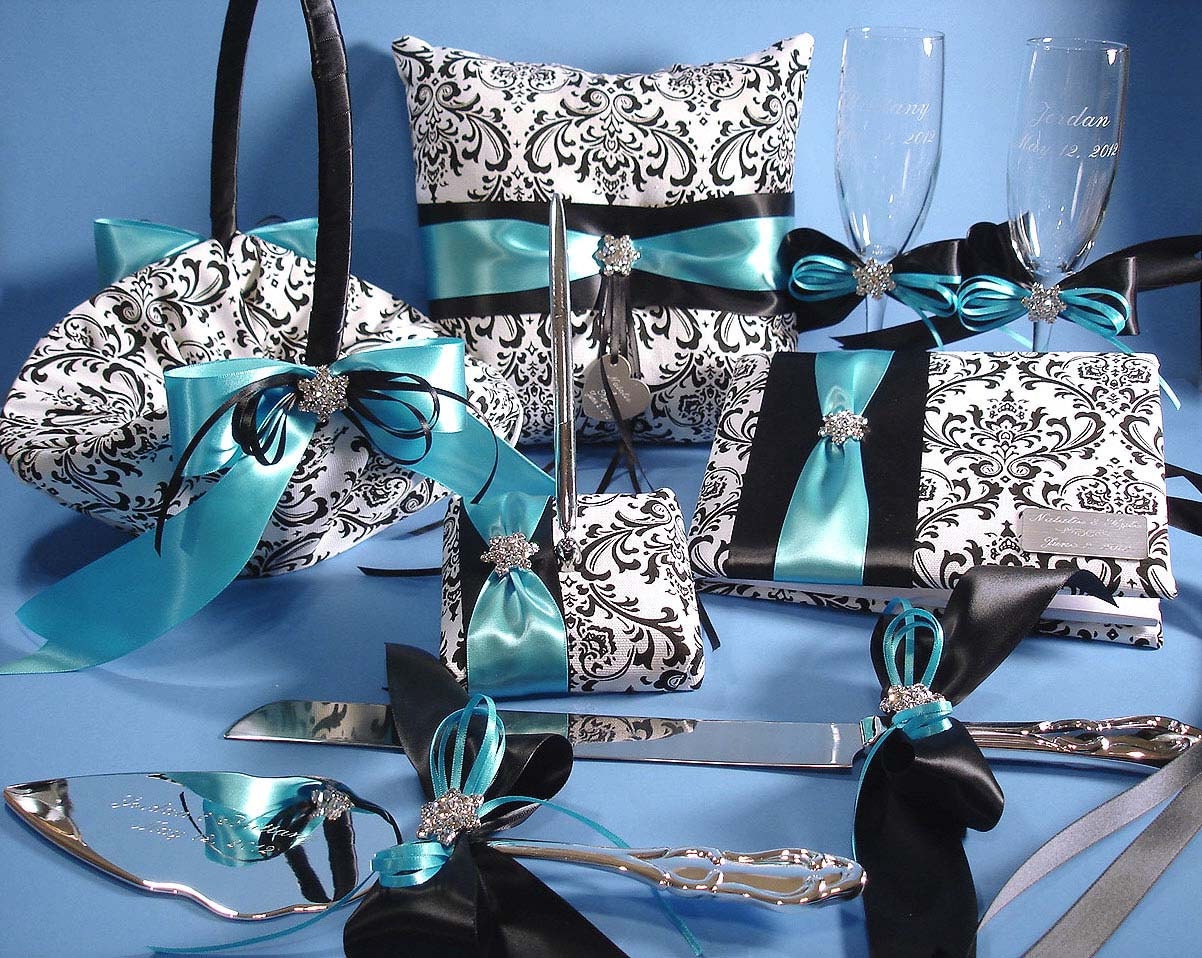 Damask Guest Book, Pen, Wedding Ring Bearer Pillow, Flower Girl Basket, Toasting Flutes, Cake Serving Set with Personalized Engraving