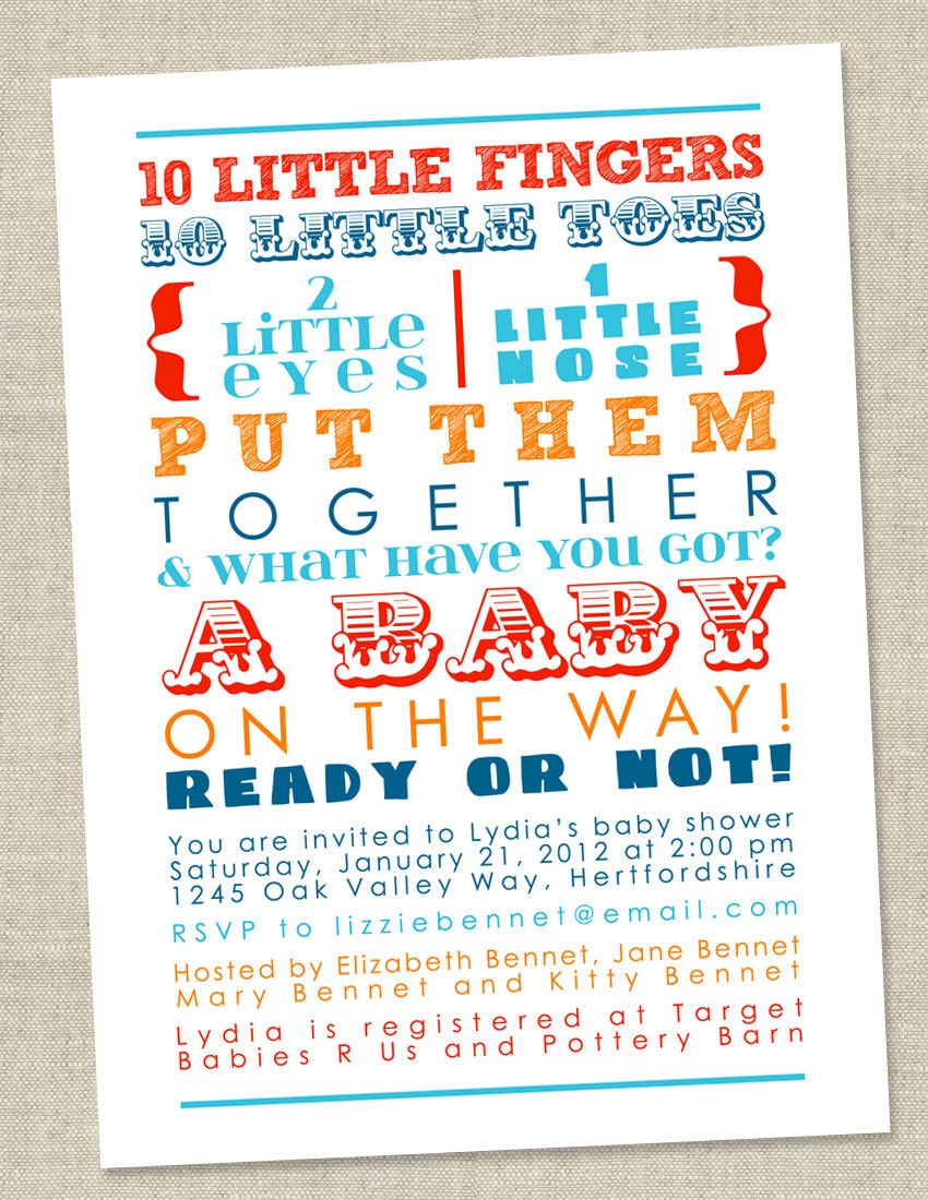 Colorful Baby Shower Invitation - words, gender neutral, coed, orange, red, blue (Printable Digital File)