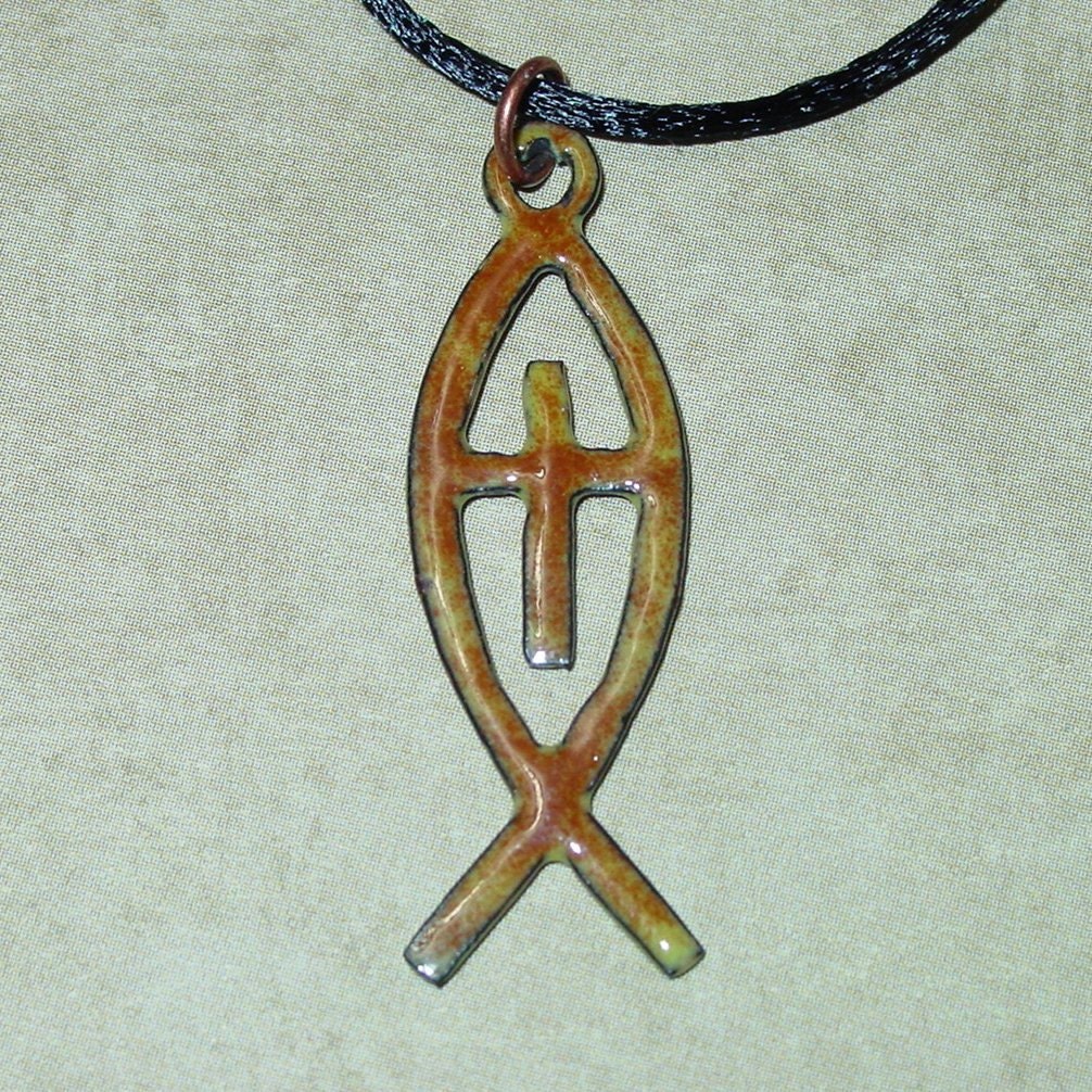 Christian Fish Cross Pendant/Charm (Yellow/Black, Hand-Fired, Enameled Copper)