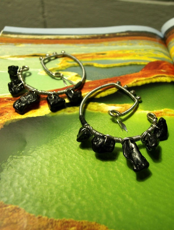 Tektite and silver hoop ear weights