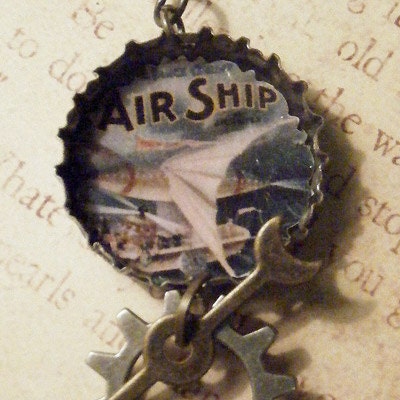 AIRSHIP-Steampunk Blimp Zeppelin Repurposed Altered Art Bottle Cap Charm Mens, Womens Necklace