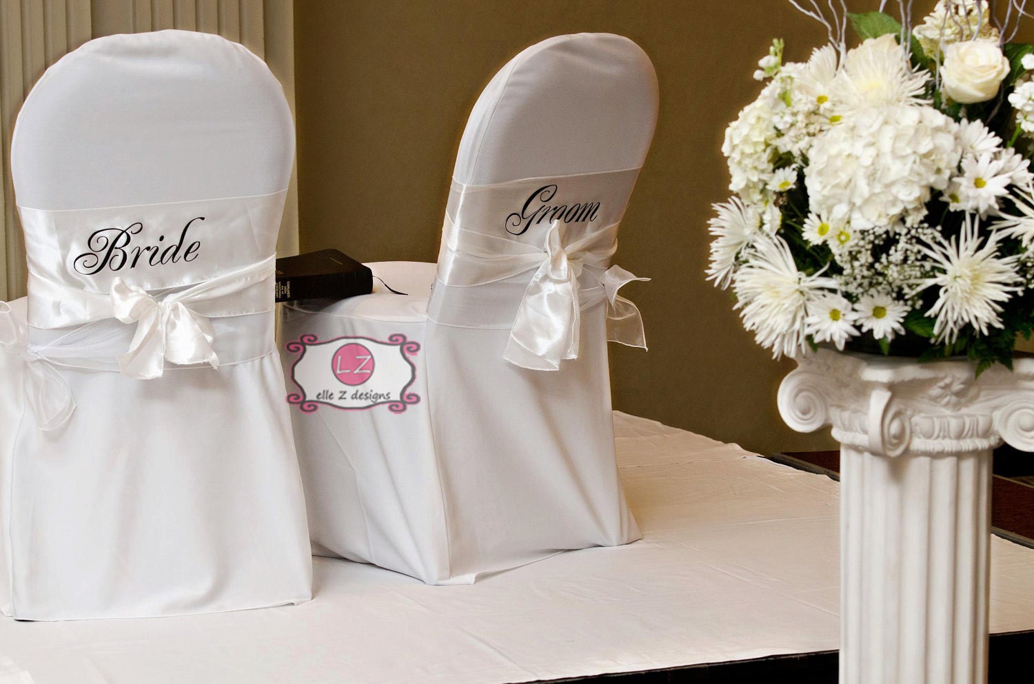 White Satin Wedding Chair Sashes - Bride / Groom, Mr. / Mrs.