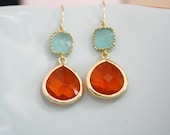 Tangerine Orange Tiffany Blue Glass Earrings, Bridesmaids Jewelry, Bridal Jewelry, Wedding Jewelry