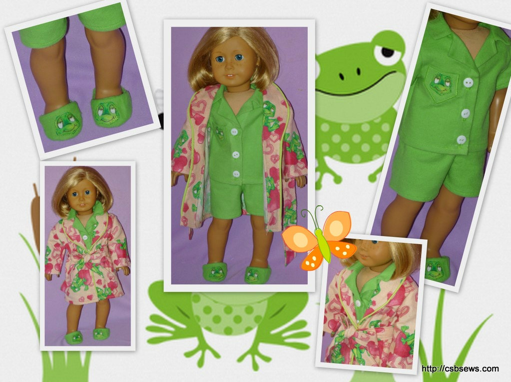American Girl Doll Pajamas, Robe and Slippers - Frogs and Hearts