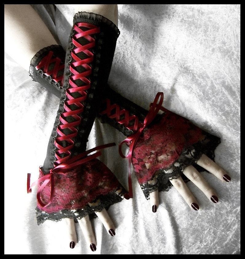 Blood and Wine Corset Laced Up Arm Warmers - Black - Burgundy / Dark Red Ribbon & Lace - Gothic Lolita EGL Rococo Wedding Emo Goth Fusion