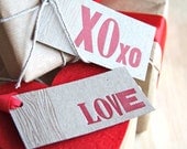 Letterpress LOVE & XOXO  Gift tags: - 3 'Love' 3 'xoxo', with faux bois - wood grain detail x6